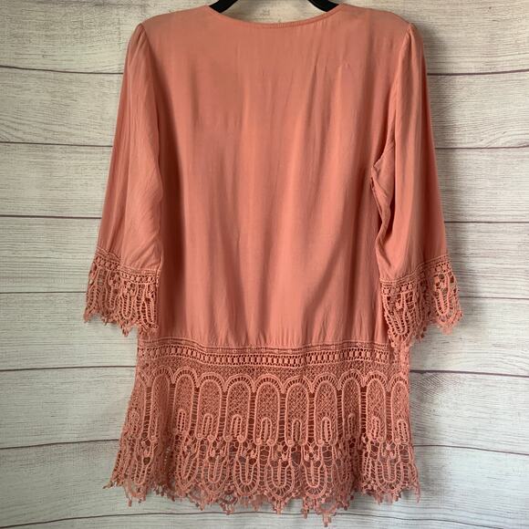 L'affaire Boho Pink Tunic Top with Crochet Lace Detail 3/4 Length Sleeves Size L - Picture 5 of 13